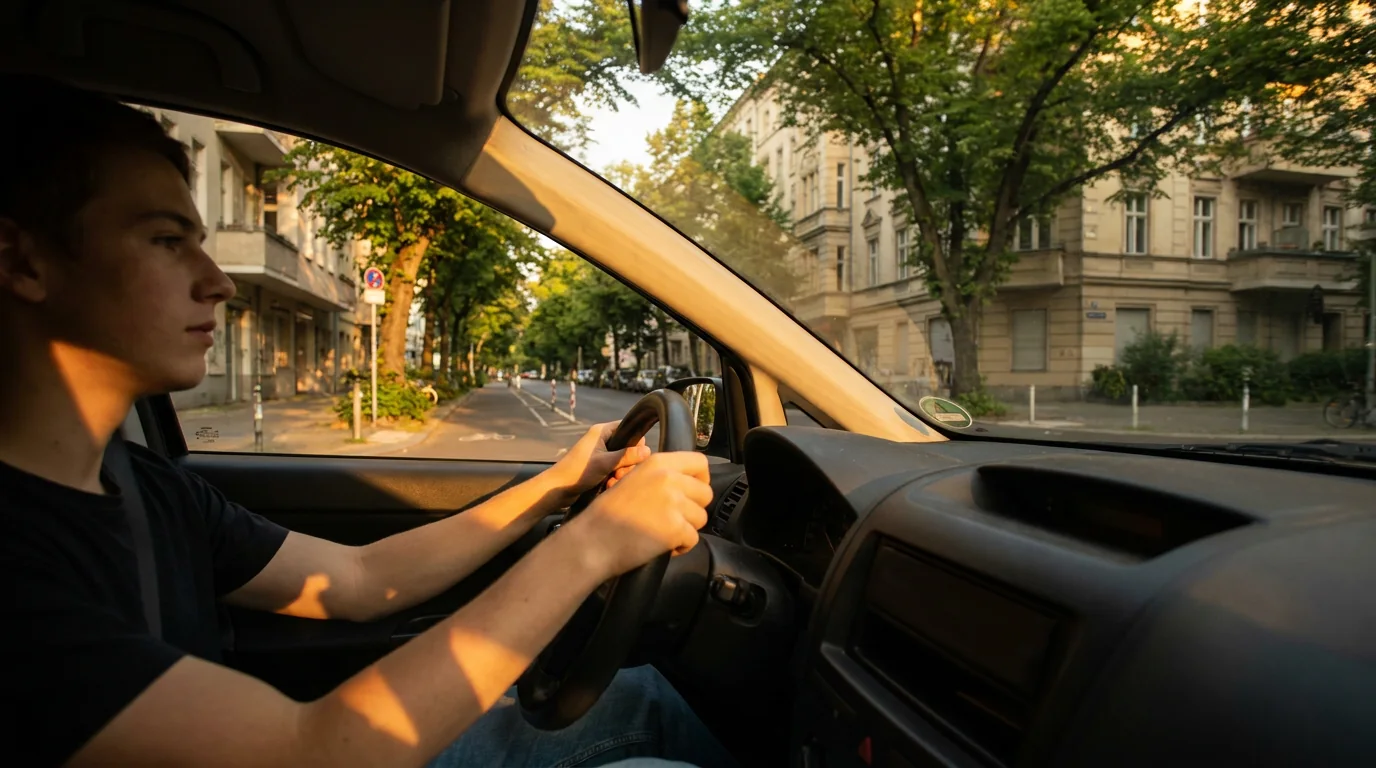 Fahrschüler am Steuer während einer Fahrstunde in Berlin